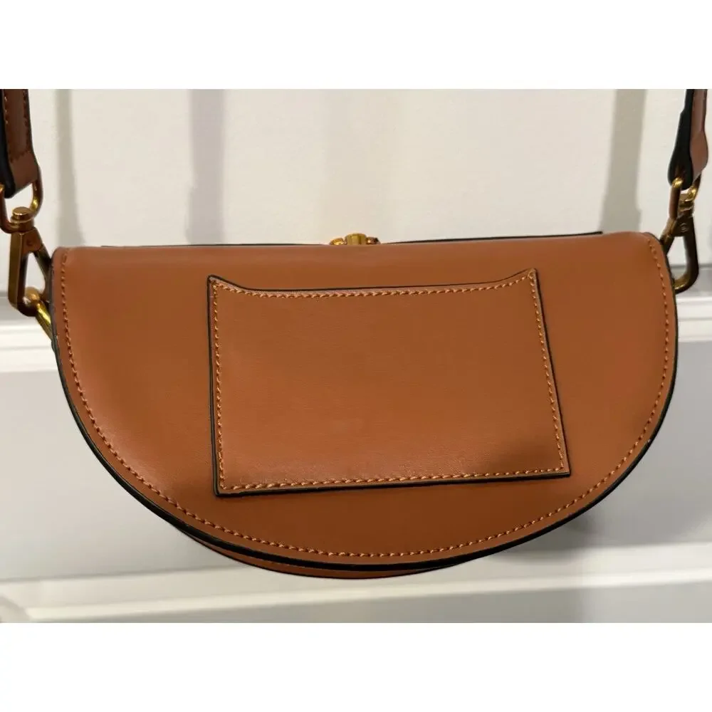 Brown Faux Leather Half Moon Crossbody Bag Gold Ring Handle Purse - Picture 4 of 8
